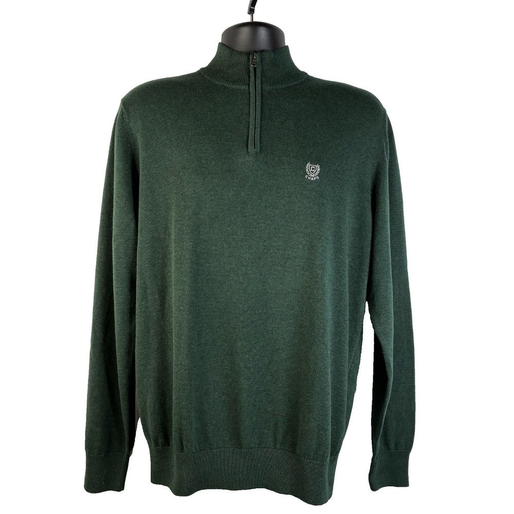 Chaps Mens Knit Sweater Dark Green Sz M Cotton Logo 1/4 Zip Long Sleeve Pullover